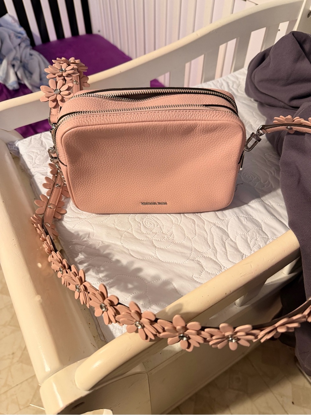 Michael Kors Blush Pink Leather Crossbody with Floral Strap